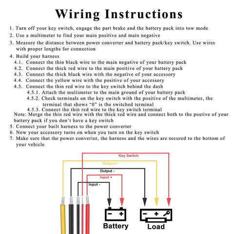 Wiring instructions for High Performance 36V And 48V To 12V Dc Dc Step Down Voltage Converter for golf carts and RVs.