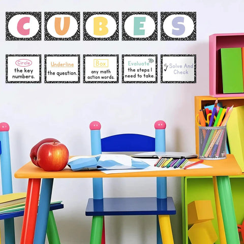 10 Piece Math Bulletin Board Set For Classroom Cubes And Problem Solving Posters, Back To School Wall Decor above colorful desk