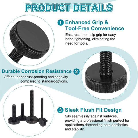 Knurled Thumb Screw Set 20 Pieces M3 X 12mm Black Steel Flat Head Grip Bolts for lighting fixtures, furniture, electronics.