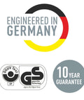 Engineering quality symbol indicating 'Engineered in Germany', DGUV Test GS logo, and 10-year guarantee badge.