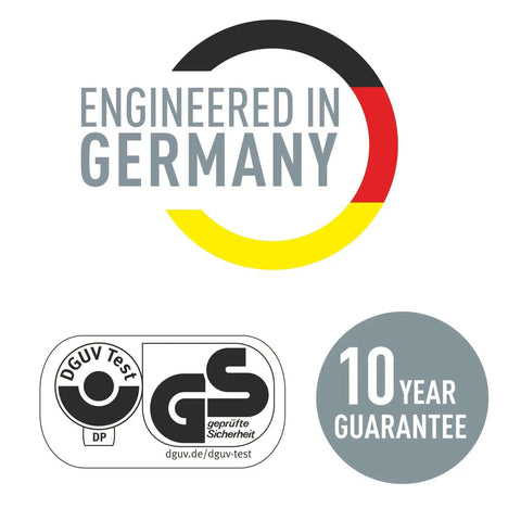 Engineering quality symbol indicating 'Engineered in Germany', DGUV Test GS logo, and 10-year guarantee badge.