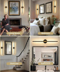 Black And Gold Rechargeable Wall Sconce Set Of Two in living room, bedroom, staircase, and bathroom settings showcasing ambient lighting.