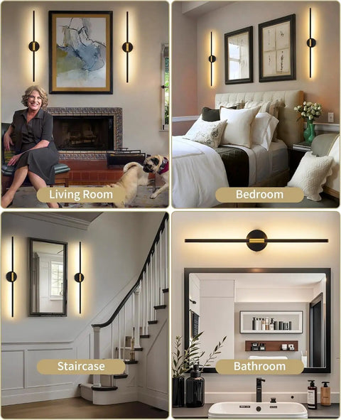 Black And Gold Rechargeable Wall Sconce Set Of Two in living room, bedroom, staircase, and bathroom settings showcasing ambient lighting.