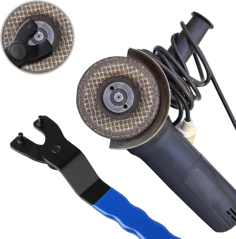 Hardcore Adjustable Pin Spanner Wrench For Angle Grinders With Rock Solid Handle And Sweat Free Disc Swap Kit Forged From Premium Chisel Tool Steel Measuring Seven Point Two Five Inches In Bold Blue next to an angle grinder.