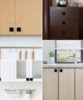 Collage of matte black 1.57 inch square cabinet knobs on various kitchen and bathroom cabinets, durable zinc alloy, modern minimalist hardware.