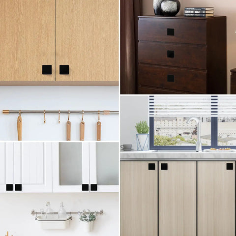 Collage of matte black 1.57 inch square cabinet knobs on various kitchen and bathroom cabinets, durable zinc alloy, modern minimalist hardware.
