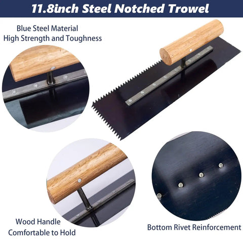 11.8 Inch Steel Notched Trowel with Wood Handle from Self Leveling Tools Kit With 10 Inch Spiked Roller And 62 Inch Extension Pole