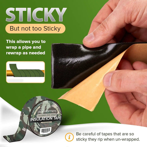Camouflage Pipe Insulation Tape For Indoor Outdoor Use Self-Adhering 2In X 11Ft Beige Weatherproof Waterproof Keeps Pipes Dry And Warm Prevents Freezing With Color Options Army Green Or Dusty Sand, showcasing tape's adhesive quality and camo design.