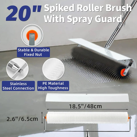Pro Grade Self Leveling Concrete Tool Kit With Spiked Rollers And Adjustable 6.6Ft Pole, 20-inch spiked roller brush with spray guard