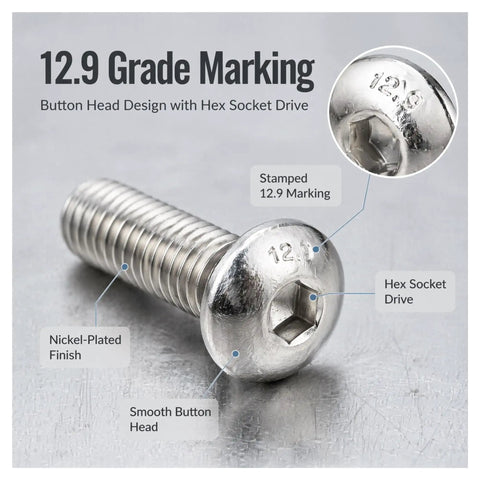 Top Shelf ZENFORX M7x1.0 Button Head Socket Bolts With Nickel Plating. 12.9 grade steel bolt with hex socket drive design.