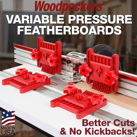 Rock Solid Variable Pressure Featherboard 2 Pack Adjustable Tension Control For Router Tables And Table Saws T Track Compatible with red featherboards and mounting on a table.