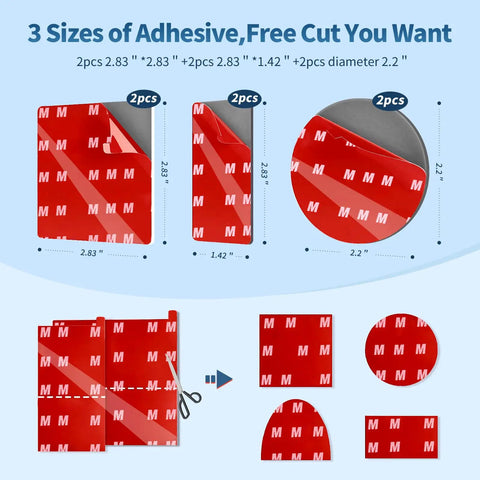 Six Pack Dash Cam Adhesive Pads Set For Car showing 2x72mm squares, 2x36x72mm rectangles, 2x56mm round heat-resistant pads
