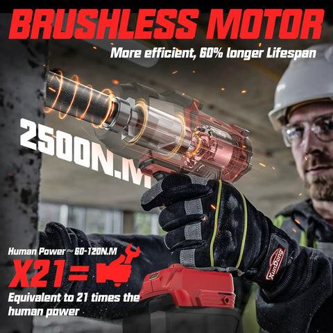 Three Quarter Inch Cordless Impact Wrench Bare Tool demonstrating brushless motor efficiency, high torque 2500 Nm.
