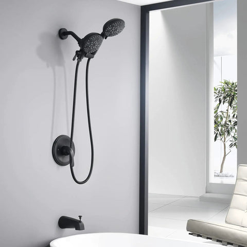 Matte Black Tub And Shower Faucet Combo With Dual Shower System, Tub Spout, Handheld Showerhead, mounted on bathroom wall