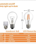 Comparison of incandescent bulb with Auto On Off Photocell LED Bulbs 4W 470 Lumen ETL Listed Dusk To Dawn Style features.