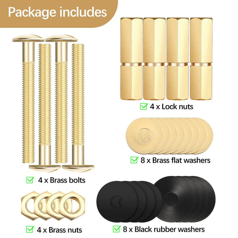 Contents of Heavy Duty Toilet Tank Bolt Kit 4 Pack Stainless Bolts Brass Nuts Easy Install with washers and nuts