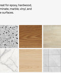 Different flooring samples including hardwood, laminate, marble, and tile surfaces with a focus on cleaning effectiveness for each.