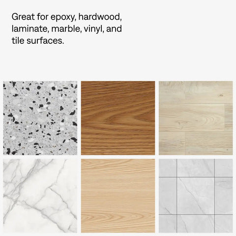 Different flooring samples including hardwood, laminate, marble, and tile surfaces with a focus on cleaning effectiveness for each.
