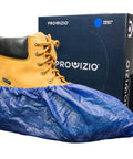 Waterproof Shoe Covers Disposable Non Slip Extra Large Boot Covers 40 Pairs Dark Blue Protective Footwear Covers For Wet Weather Dirt Rain Snow Mud For Everyday Use shown covering a boot in front of box