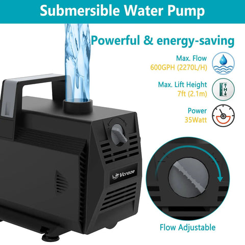 Submersible water pump with flow rate info, part of All-In-One Pond Waterfall Kit With LED Lights, 8-Inch Stainless Steel Spillway, 600 GPH Pump