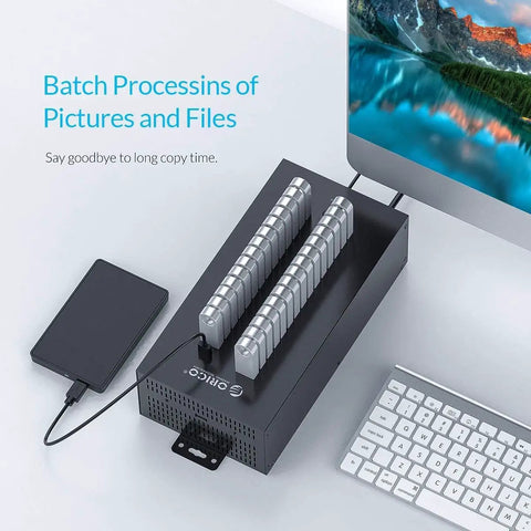 Badass Industrial Grade 30 Port USB Hub Featuring 300W Power Brick And Smart Charging Station mounted on desk with silver ports.