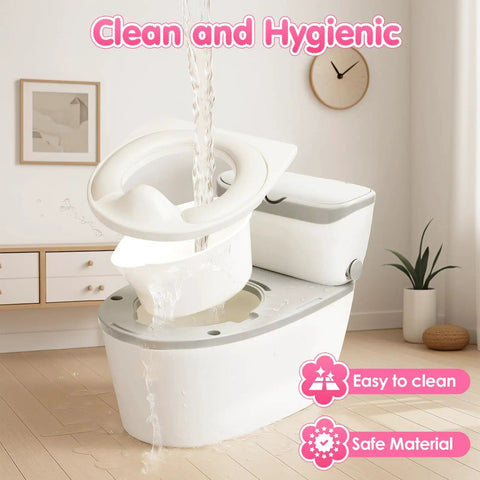 Tot Sized Three In One Potty Training Toilet With Realistic Flush Sounds And Removable Seat That Doubles As A Comfy Stool Feature Loaded With Quick Clean Wipe Tray And Steady Paper Holder For Your Ready To Roll Tyke