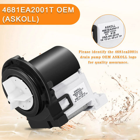 OEM Washer Drain Pump Motor For Front Load Washing Machines Replaces 4681EA2001T with Askoll branding and label.