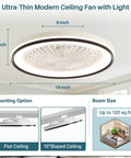 19 Inch Enclosed Bladeless Flush Mount Ceiling Fan with RGB Dimmable Light, showing dimensions and mounting options for flat or sloped ceilings.