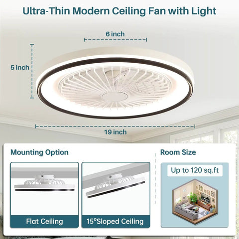 19 Inch Enclosed Bladeless Flush Mount Ceiling Fan with RGB Dimmable Light, showing dimensions and mounting options for flat or sloped ceilings.