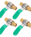 Straight Shooter 1/4 Inch Brass Ball Valve Four Pack With Dead Simple Shut Off For Hot And Cold Water Plumbing Setup, showing four valves with green handles.