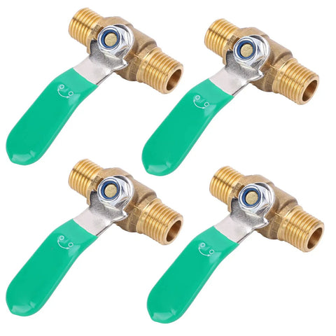 Straight Shooter 1/4 Inch Brass Ball Valve Four Pack With Dead Simple Shut Off For Hot And Cold Water Plumbing Setup, showing four valves with green handles.