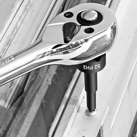 Heavy Duty Integrated Screw Tip Socket Kit With 3/8 Square Drive Featuring Chrome Steel Bodies And Versatile Bits For Home Repairs, DIY Projects And Routine Mechanical Care Services To Tackle Any Job With Ease. PH2 bit on ratchet