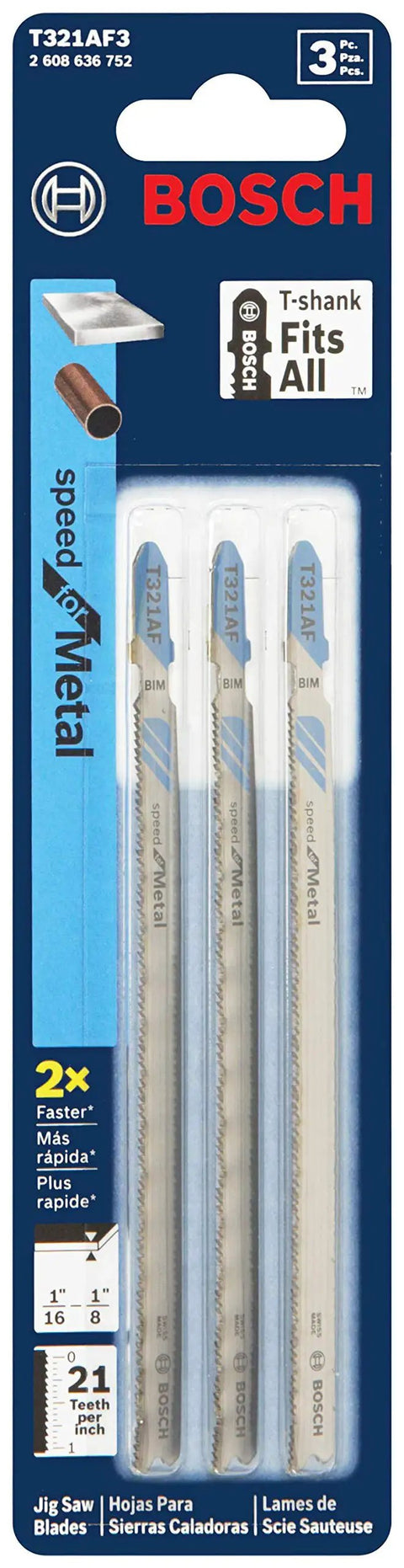 Three Piece Metal Jig Saw Blades Set 5-1/4 Inch 21 TPI T-Shank Bi-Metal For Fast Cuts Through Pipes, Profiles, And Sheet Metal