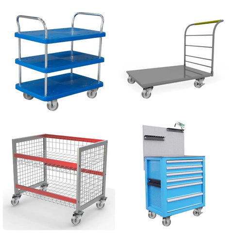 Four types of industrial carts with caster wheels, including blue shelves, flatbed, mesh, and drawer unit on wheels.