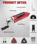 AVID POWER oscillating tool, side view; red and black body with universal collet system and accessories