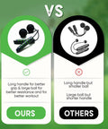 Comparison of ropeless jump rope for indoor fitness and small spaces with 360 degree bearings, showing handle and ball differences.
