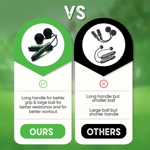 Comparison of ropeless jump rope for indoor fitness and small spaces with 360 degree bearings, showing handle and ball differences.