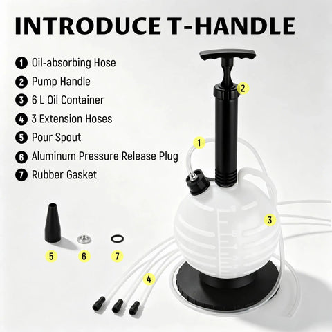 Shop Grade 6 Liter Manual Vacuum Oil Extractor Pump With Easy Read Scale And Kink Proof Tubing Plus Three Heavy Gauge Extensions, parts displayed.