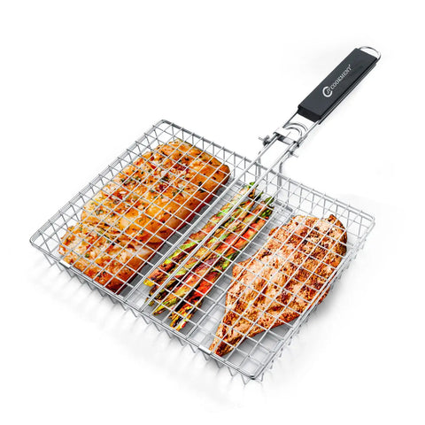 Stainless Steel Grill Basket With Portable Removable Handle For Veggies Shrimp Fish And Steak, Large 21 Inch Cooking Area
