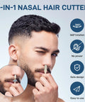 Double Sided Nose Hair Trimmer For Men And Women With 360 Degree Nostril Hair Cutter shown in use by a man, includes safe design features.