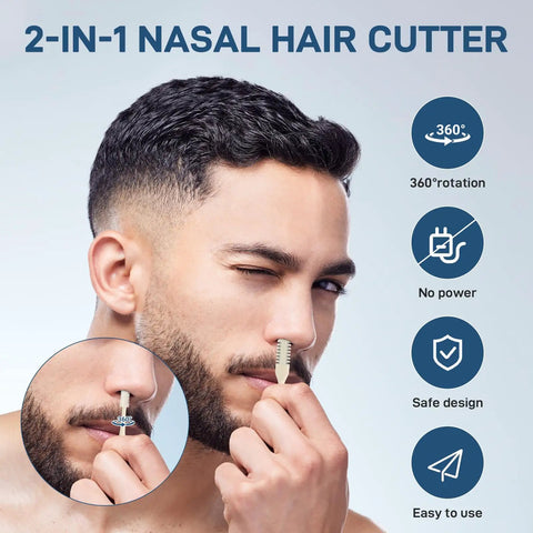 Double Sided Nose Hair Trimmer For Men And Women With 360 Degree Nostril Hair Cutter shown in use by a man, includes safe design features.