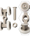 Heavy Duty 4 Wheel Stainless Steel Pocket Door Roller Set For Sliding Track Systems with nuts and bolts, close-up view