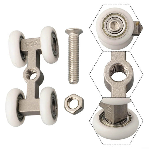 Heavy Duty 4 Wheel Stainless Steel Pocket Door Roller Set For Sliding Track Systems with nuts and bolts, close-up view