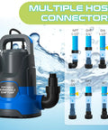 1HP Submersible Sump Pump 3700GPH Portable Electric Water Transfer Pump with multiple hose connectors, blue casing.