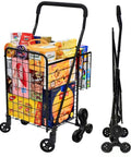 All Terrain Grocery Cart With 360 Degree Swivel Wheels And Stair Climber filled with groceries, shown collapsed.