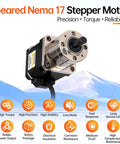 Geared Nema 17 Stepper Motor With Integrated Planetary Gearbox 13.73:1 Ratio shown with product features