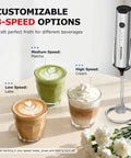 Rechargeable Milk Frother With Stand 3 Speed Handheld Electric Wand Mixer For Matcha Lattes And Cappuccinos with drinks