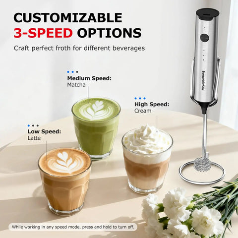 Rechargeable Milk Frother With Stand 3 Speed Handheld Electric Wand Mixer For Matcha Lattes And Cappuccinos with drinks