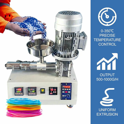 Compact 1000W Desktop 3D Printer Filament Maker Single Screw Extruder Slides Through Pellets To Whip Up Premium Spools Smooth As Butter For Game Changing DIY Lab Setups, showing a machine with blue plastic pellets.