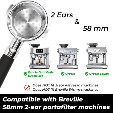 Pro Grade 58mm Bottomless Portafilter With Two Ears For Breville Dual Boiler Oracle Touch And Oracle Jet with double shot basket.